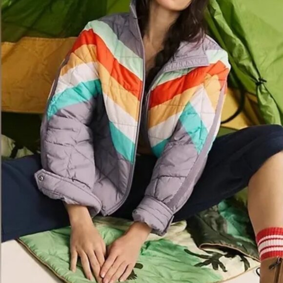 NWT Free People Pippa Printed Packable Puffer Jacket in Steel Peach Combo - Picture 1 of 10